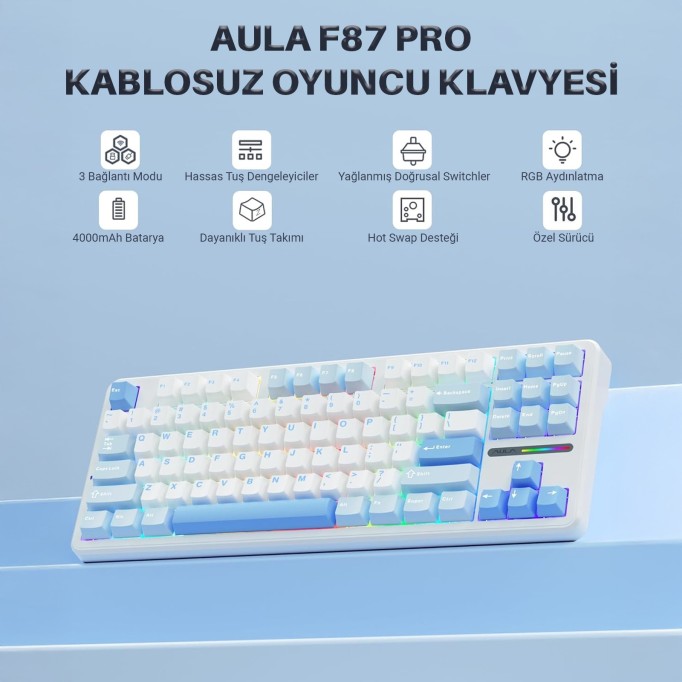 Aula F87 PRO Mekanik RGB TKL GrayWood V3 Switch Kablosuz Makrolu Hot Swap Klavye Buz Mavi