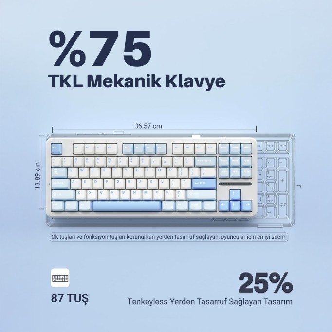 Aula F87 PRO Mekanik RGB TKL GrayWood V3 Switch Kablosuz Makrolu Hot Swap Klavye Buz Mavi