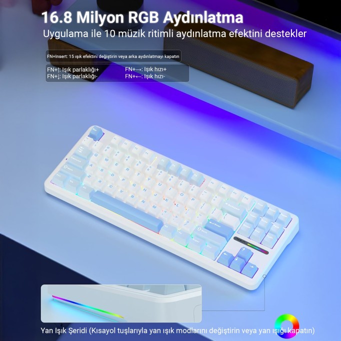 Aula F87 PRO Mekanik RGB TKL GrayWood V3 Switch Kablosuz Makrolu Hot Swap Klavye Buz Mavi