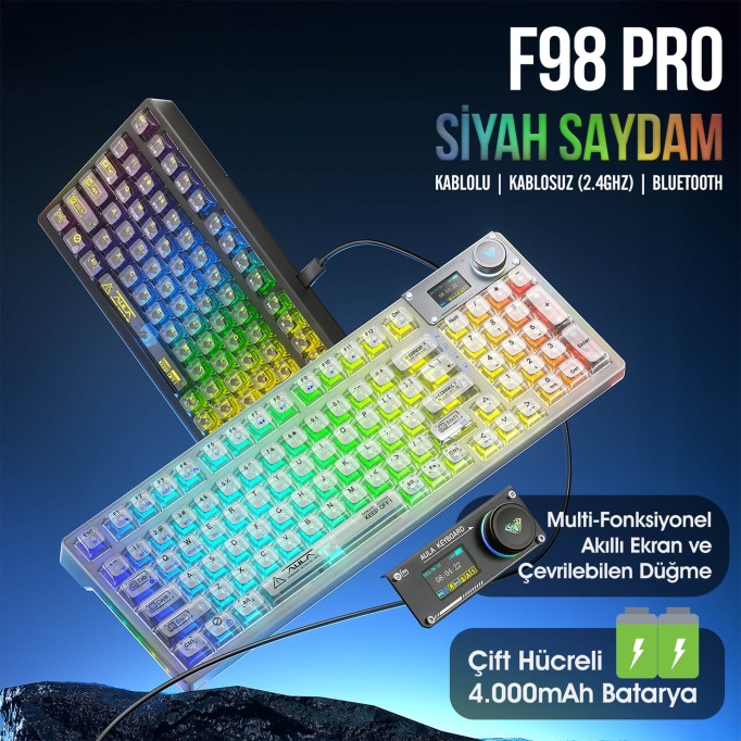 AULA F98 PRO OLED Ekranlı Makrolu Kablosuz RGB Hot-Swap Gasket Pre-Lubed Switch Mekanik Klavye