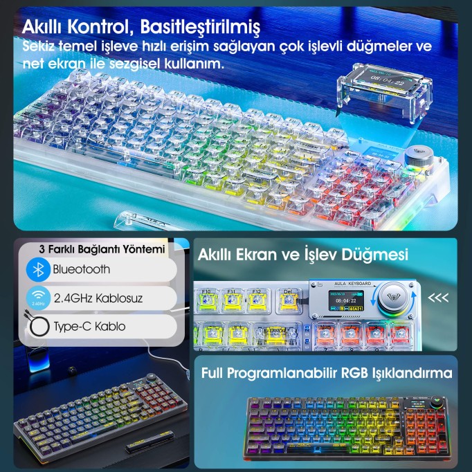 AULA F98 PRO OLED Ekranlı Makrolu Kablosuz RGB Hot-Swap Gasket Pre-Lubed Switch Mekanik Klavye