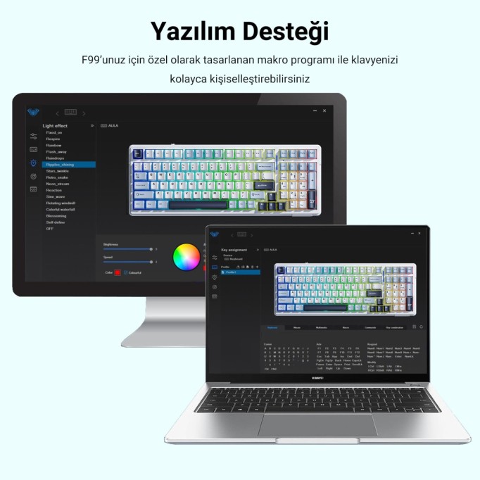 Aula F99 3 Modlu RGB Hot Swap Mekanik Linear GrayWood V3 Switch Kablosuz Makrolu Klavye Gri