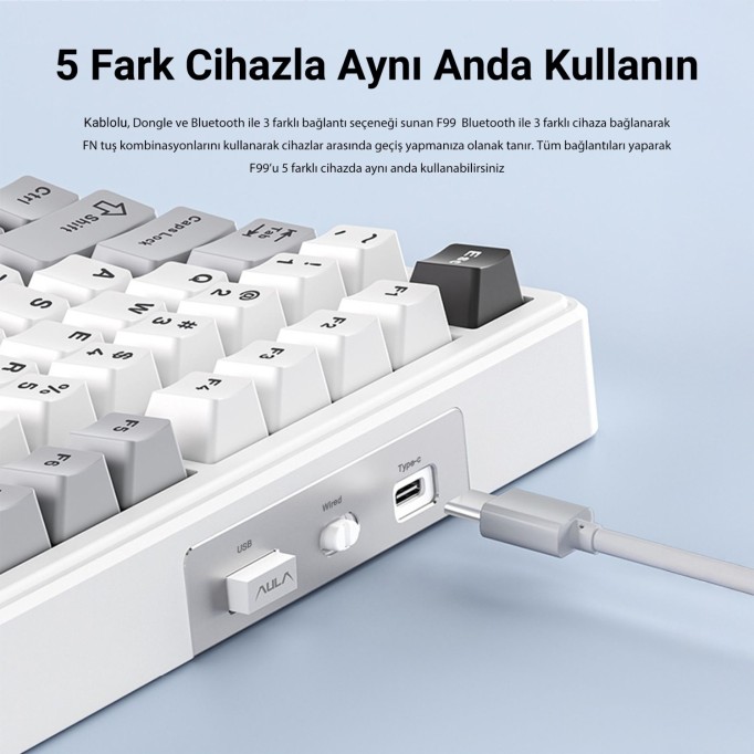 Aula F99 3 Modlu RGB Hot Swap Mekanik Linear GrayWood V3 Switch Kablosuz Makrolu Klavye Lacivert