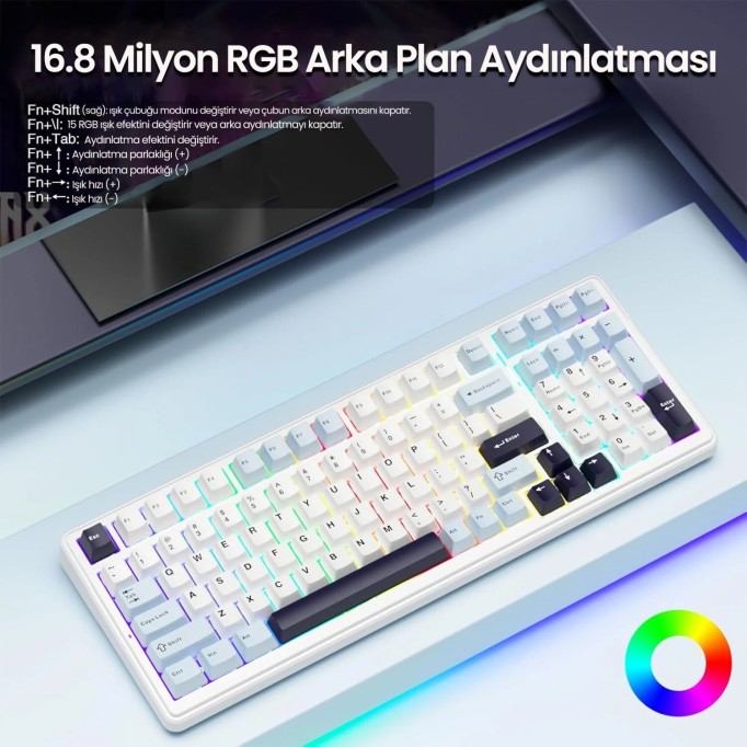 Aula F99 3 Modlu RGB Hot Swap Mekanik Reaper Switch Kablosuz Makrolu Klavye Lacivert