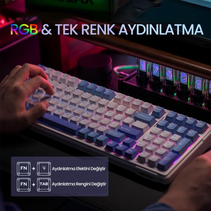 Aula F99 3 Modlu RGB Hot Swap Mekanik Reaper Switch Kablosuz Makrolu Klavye Mavi