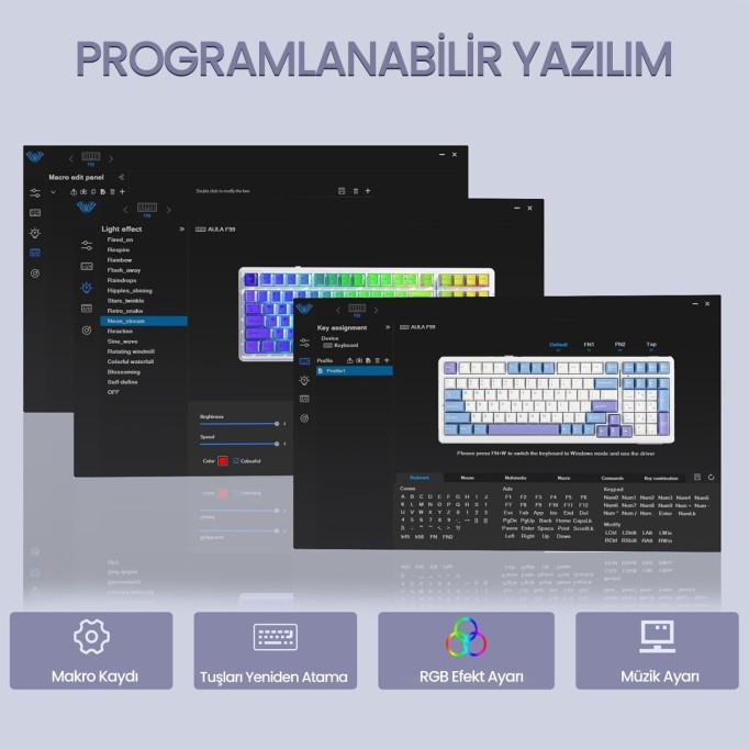 Aula F99 3 Modlu RGB Hot Swap Mekanik Reaper Switch Kablosuz Makrolu Klavye Mavi