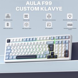 Aula F99 Mekanik RGB Hot Swap GrayWood V4 Switch 3 Modlu Kablosuz Makrolu Türkçe Q Klavye Lacivert