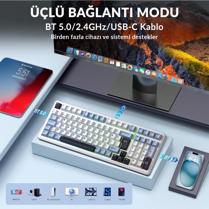 Aula F99 Mekanik RGB Hot Swap GrayWood V4 Switch 3 Modlu Kablosuz Makrolu Türkçe Q Klavye Lacivert