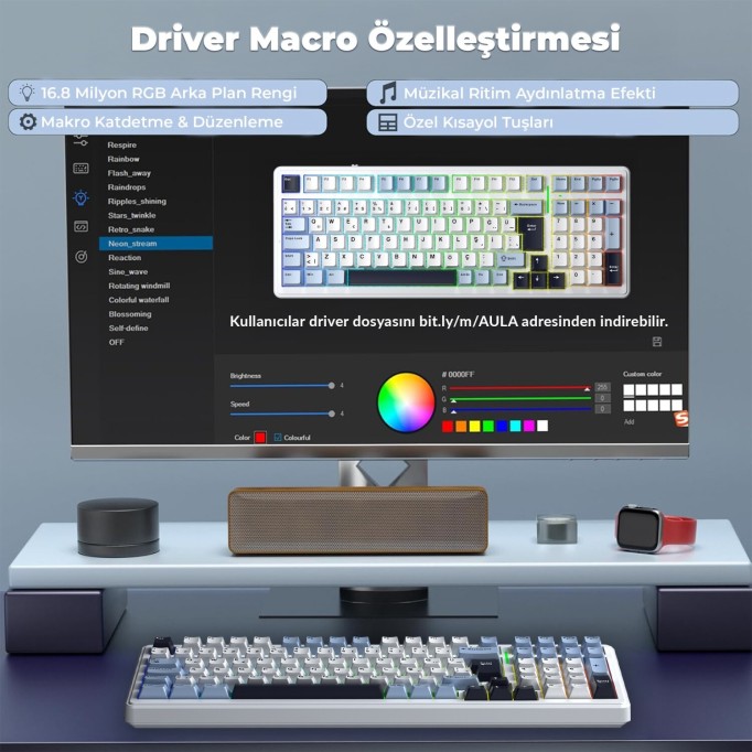 Aula F99 Mekanik RGB Hot Swap GrayWood V4 Switch 3 Modlu Kablosuz Makrolu Türkçe Q Klavye Lacivert