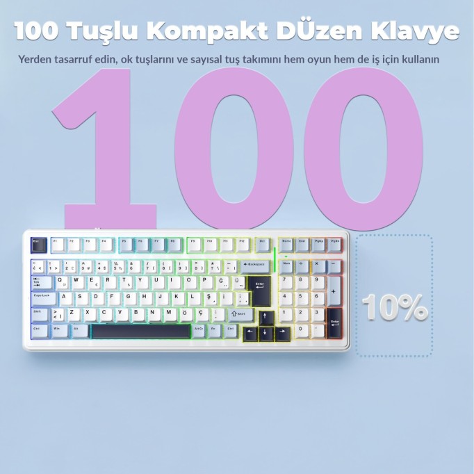 Aula F99 Mekanik RGB Hot Swap GrayWood V4 Switch 3 Modlu Kablosuz Makrolu Türkçe Q Klavye Lacivert
