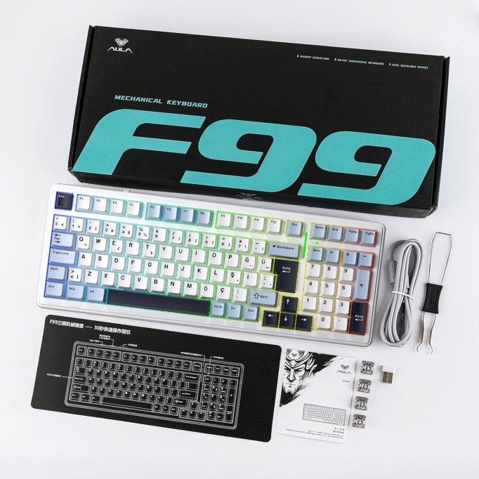 Aula F99 Mekanik RGB Hot Swap GrayWood V4 Switch 3 Modlu Kablosuz Makrolu Türkçe Q Klavye Lacivert