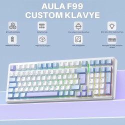 Aula F99 Mekanik RGB Hot Swap GrayWood V4 Switch 3 Modlu Kablosuz Makrolu Türkçe Q Klavye Mavi