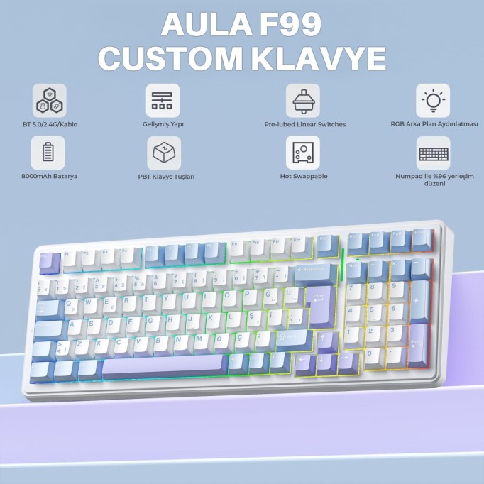 Aula F99 Mekanik RGB Hot Swap GrayWood V4 Switch 3 Modlu Kablosuz Makrolu Türkçe Q Klavye Mavi