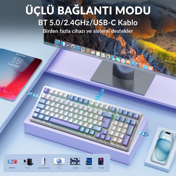 Aula F99 Mekanik RGB Hot Swap GrayWood V4 Switch 3 Modlu Kablosuz Makrolu Türkçe Q Klavye Mavi