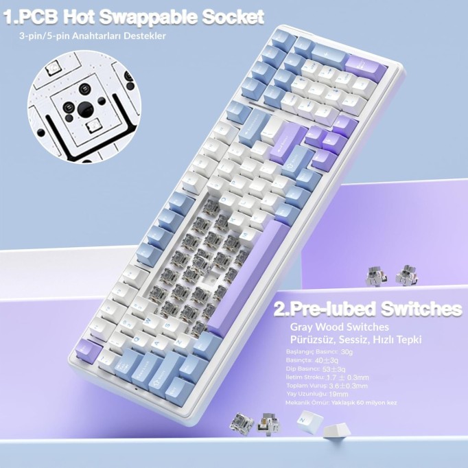 Aula F99 Mekanik RGB Hot Swap GrayWood V4 Switch 3 Modlu Kablosuz Makrolu Türkçe Q Klavye Mavi