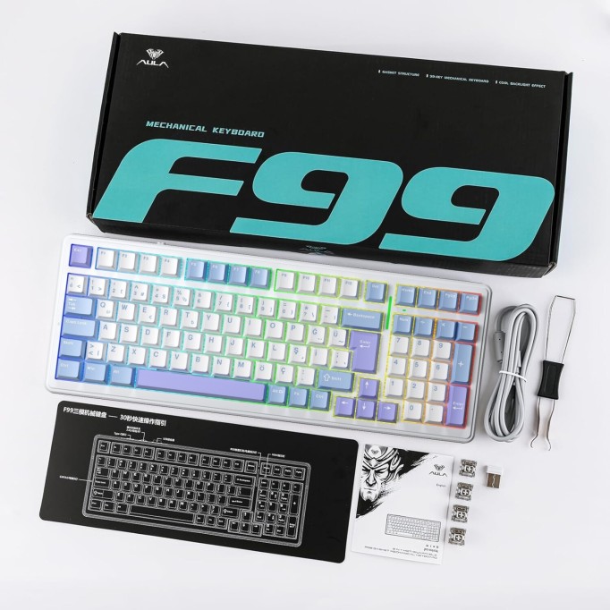 Aula F99 Mekanik RGB Hot Swap GrayWood V4 Switch 3 Modlu Kablosuz Makrolu Türkçe Q Klavye Mavi
