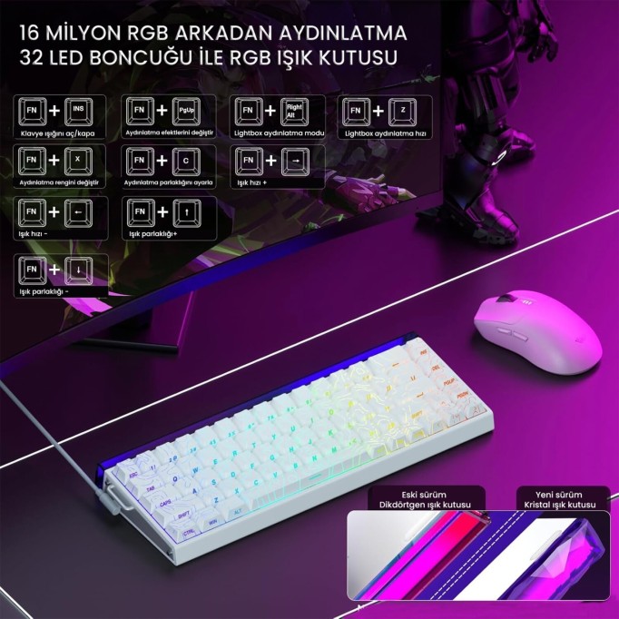 Aula Hero68 He Manyetik Klavye Rapid Trigger Black King Switch 8000Hz RGB Neon TKL Hot Swap Oyuncu Klavyesi Desenli Beyaz