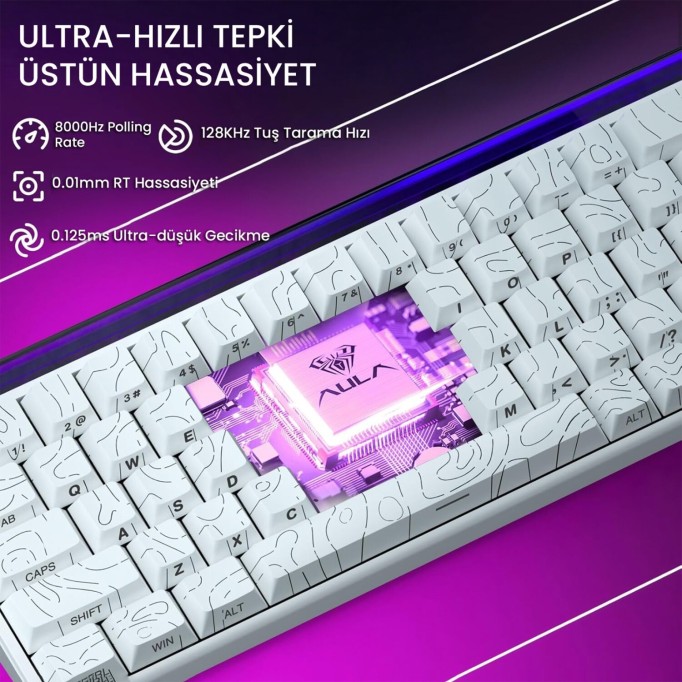 Aula Hero68 He Manyetik Klavye Rapid Trigger Black King Switch 8000Hz RGB Neon TKL Hot Swap Oyuncu Klavyesi Desenli Beyaz