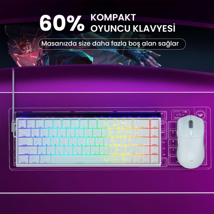 Aula Hero68 He Manyetik Klavye Rapid Trigger Black King Switch 8000Hz RGB Neon TKL Hot Swap Oyuncu Klavyesi Desenli Beyaz