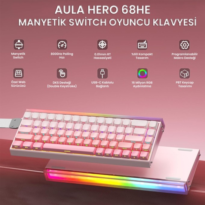 Aula Hero68 He Manyetik Klavye Rapid Trigger Black King Switch 8000Hz RGB Neon TKL Hot Swap Oyuncu Klavyesi Pembe