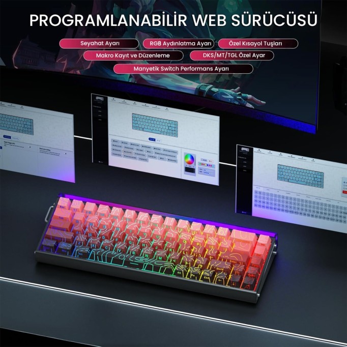 Aula Hero68 He Manyetik Klavye Rapid Trigger Dragon King Switch 8000Hz RGB Neon TKL Hot Swap Oyuncu Klavyesi Kırmızı