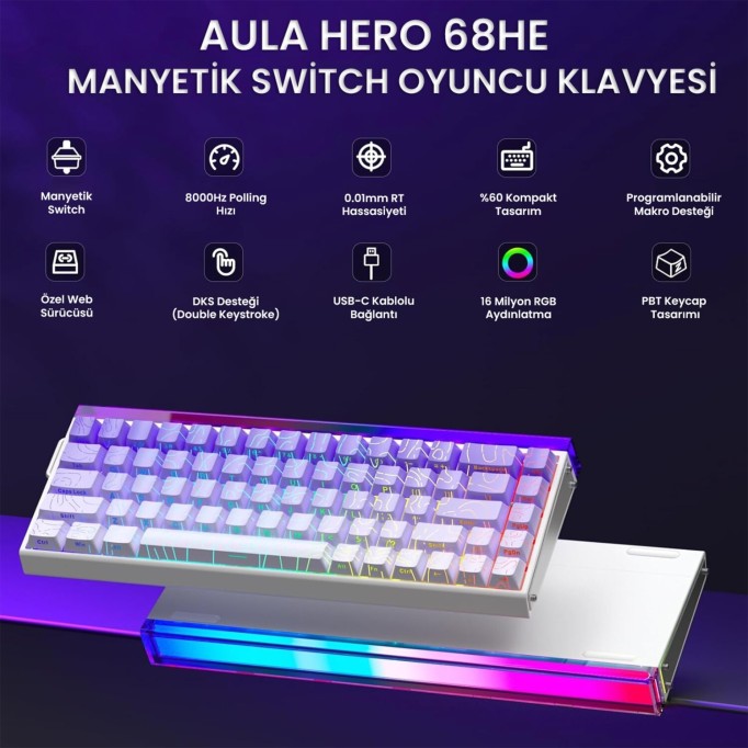 Aula Hero68 He Manyetik Klavye Rapid Trigger Dragon King Switch 8000Hz RGB Neon TKL Hot Swap Oyuncu Klavyesi Mor