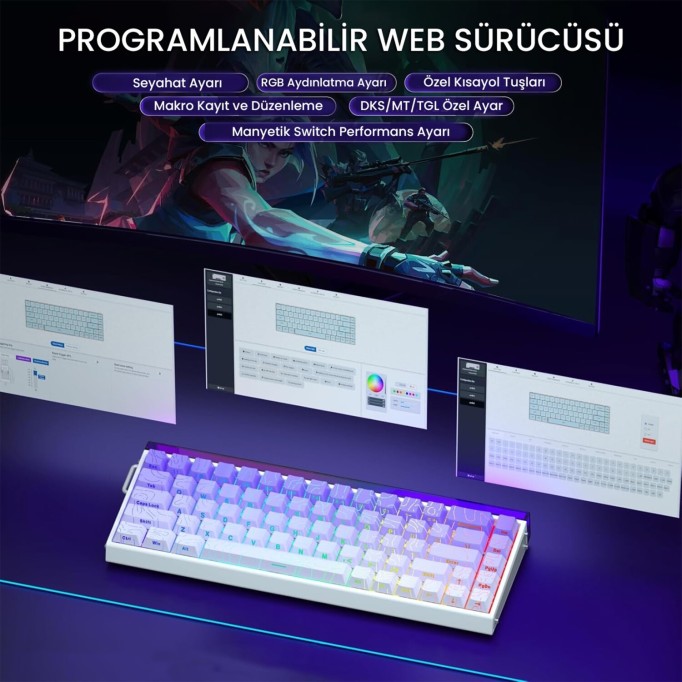 Aula Hero68 He Manyetik Klavye Rapid Trigger Dragon King Switch 8000Hz RGB Neon TKL Hot Swap Oyuncu Klavyesi Mor