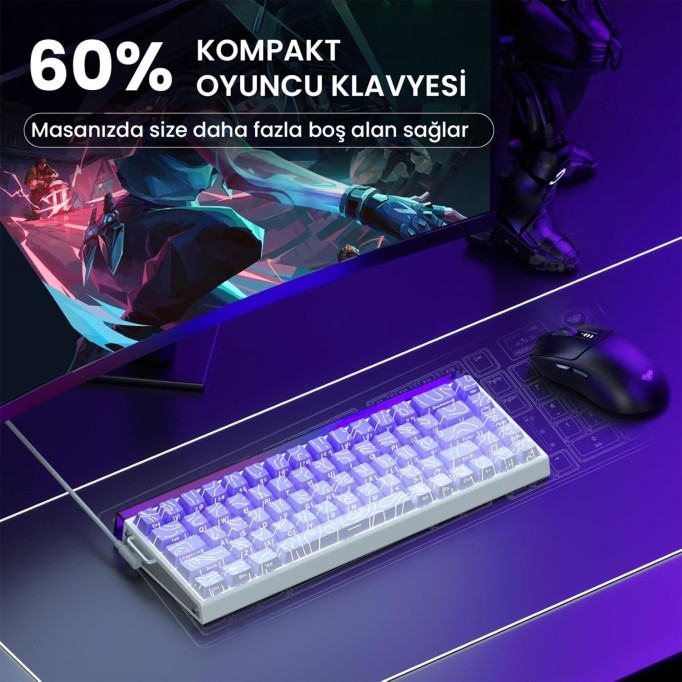 Aula Hero68 He Manyetik Klavye Rapid Trigger Dragon King Switch 8000Hz RGB Neon TKL Hot Swap Oyuncu Klavyesi Mor