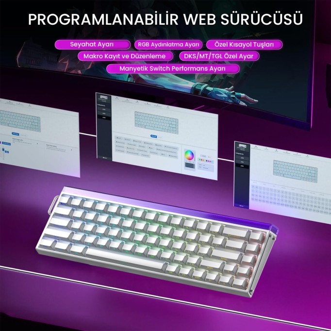Aula Hero68 He Manyetik Klavye Rapid Trigger Jade King Switch 8000Hz RGB Neon TKL Hot Swap Oyuncu Klavyesi Beyaz