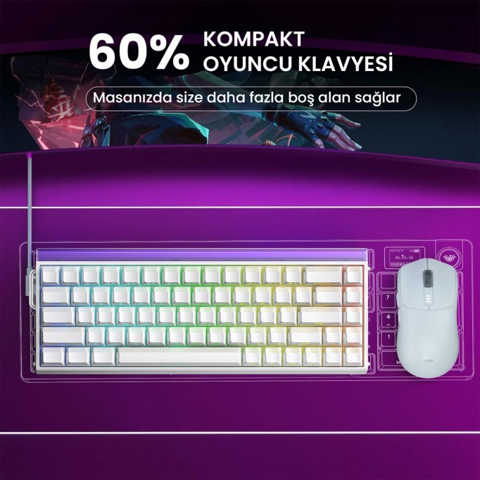 Aula Hero68 He Manyetik Klavye Rapid Trigger Jade King Switch 8000Hz RGB Neon TKL Hot Swap Oyuncu Klavyesi Beyaz