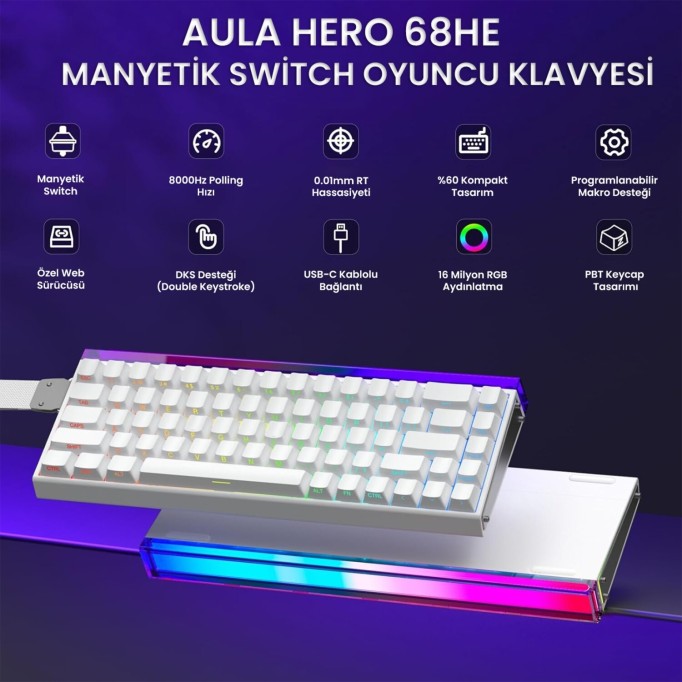 Aula Hero68 He Manyetik Klavye Rapid Trigger Meteor Switch 8000Hz RGB Neon TKL Hot Swap Oyuncu Klavyesi Beyaz
