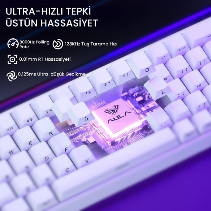 Aula Hero68 He Manyetik Klavye Rapid Trigger Meteor Switch 8000Hz RGB Neon TKL Hot Swap Oyuncu Klavyesi Beyaz