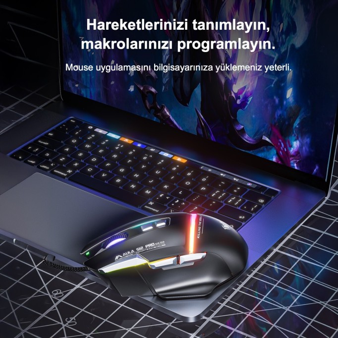 Aula S12 Pro 12800 DPI 8 Tuşlu Makrolu Kablolu Optik Gaming Oyuncu Mouse Beyaz