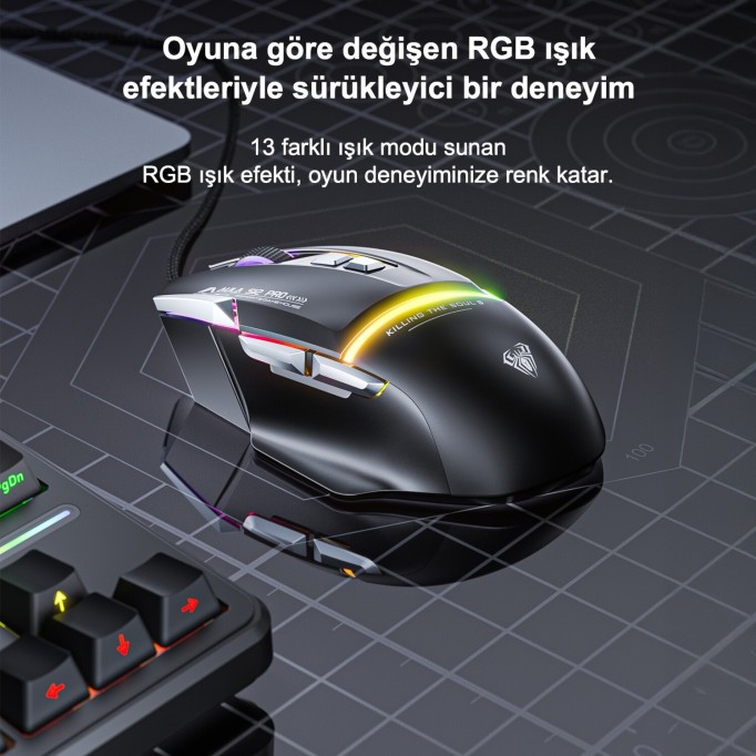 Aula S12 Pro 12800 DPI 8 Tuşlu Makrolu Kablolu Optik Gaming Oyuncu Mouse Siyah