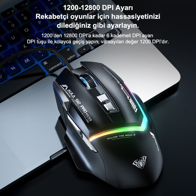 Aula S12 Pro 12800 DPI 8 Tuşlu Makrolu Kablolu Optik Gaming Oyuncu Mouse Siyah