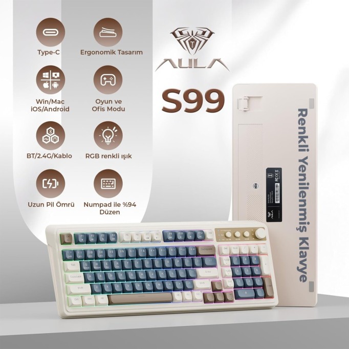 Aula S99 Retro RGB Gaming 3 Modlu Bluetooth/2.4GHz/USB-C Kablosuz Makrolu Türkçe Q Klavye Lacivert
