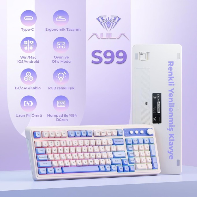Aula S99 Retro RGB Gaming 3 Modlu Bluetooth/2.4GHz/USB-C Kablosuz Makrolu Türkçe Q Klavye Mavi