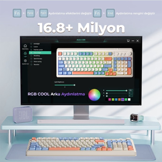 Aula S99 Retro RGB Gaming 3 Modlu Bluetooth/2.4GHz/USB-C Kablosuz Makrolu Türkçe Q Klavye Turuncu