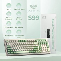 Aula S99 Retro RGB Gaming 3 Modlu Bluetooth/2.4GHz/USB-C Kablosuz Makrolu Türkçe Q Klavye Yeşil Aula S99 Retro RGB Gaming 3 Modlu Bluetooth/2.4GHz/USB-C Kablosuz Makrolu Türkçe Q Klavye Yeşil
