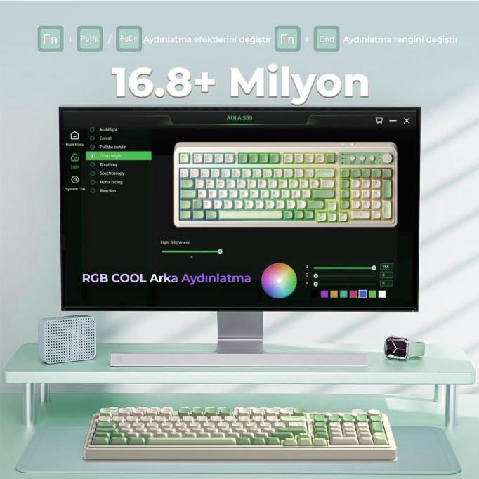Aula S99 Retro RGB Gaming 3 Modlu Bluetooth/2.4GHz/USB-C Kablosuz Makrolu Türkçe Q Klavye Yeşil