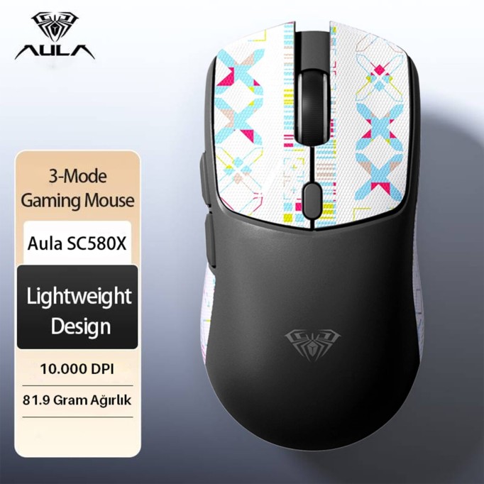 Aula SC580X LightWeight PAW3395 Sensör 10000 DPI 1000Hz Kablolu ve Kablosuz Gaming Oyuncu Mouse Siyah