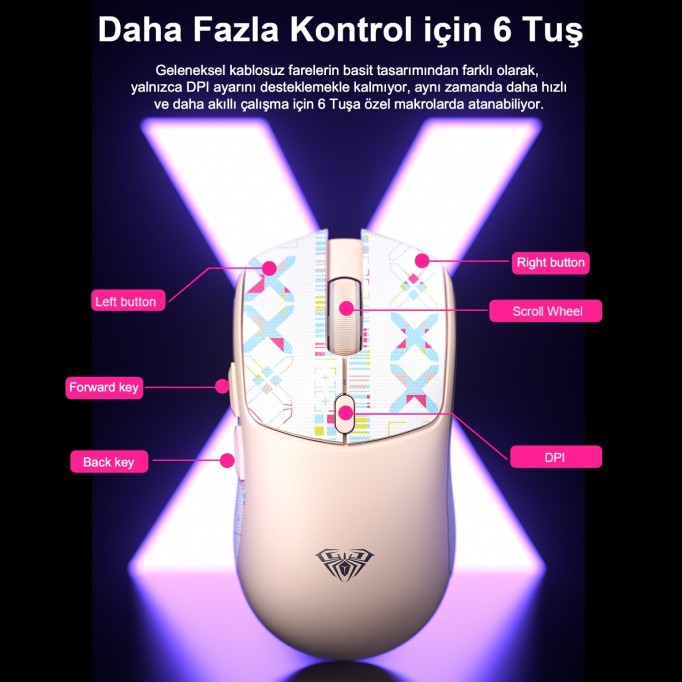 Aula SC580X LightWeight PAW3395 Sensör 10000 DPI 1000Hz Kablolu ve Kablosuz Gaming Oyuncu Mouse Siyah