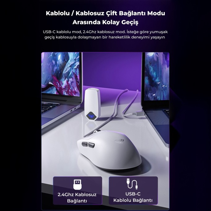 Aula SC800 LightWeight PAW3395 Sensör 26000 DPI 8000Hz Kablolu ve Kablosuz Gaming Oyuncu Mouse Beyaz
