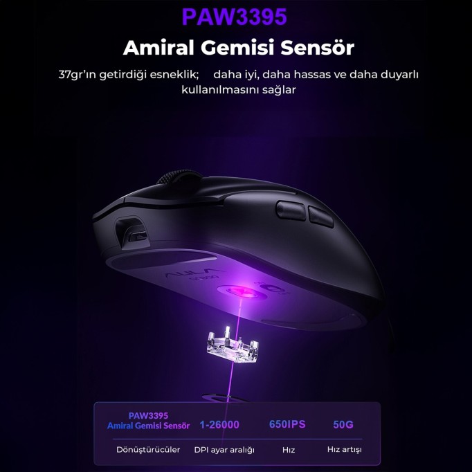 Aula SC800 LightWeight PAW3395 Sensör 26000 DPI 8000Hz Kablolu ve Kablosuz Gaming Oyuncu Mouse Siyah