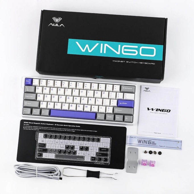 Aula Win60 HE MAX Manyetik Klavye Rapid Trigger GrayWood Swtich 8000Hz RGB TKL Hot Swap Oyuncu Klavyesi Mavi