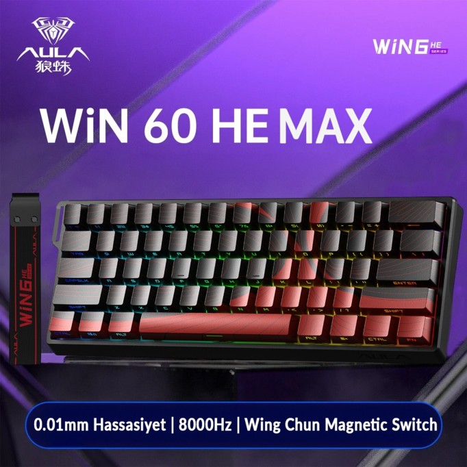 Aula Win60 He Max Manyetik Klavye Rapid Trigger Wing Chun Switch 8000Hz RGB TKL Hot Swap Oyuncu Klavyesi Kırmızı