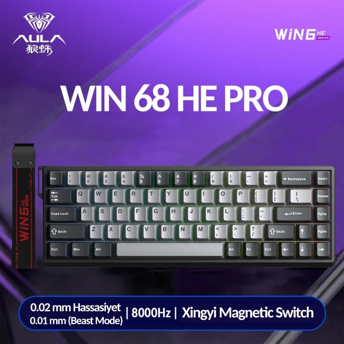 Aula Win68 He Pro Manyetik Klavye Rapid Trigger Xingyi Switch 8000Hz RGB TKL Hot Swap Oyuncu Klavyesi Gri