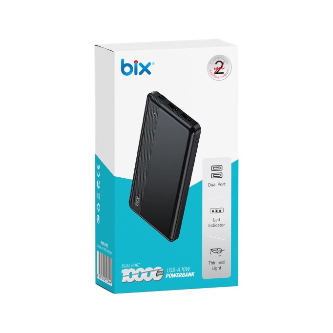 Bix 10000mAh Çift USB Çıkışlı ve LED Bildirimli Portatif Powerbank Siyah