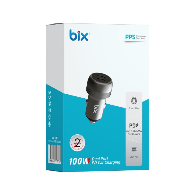 Bix 100W 2*Type-C PD 3.0 Portlu PPS Destekli Mini Araç içi Hızlı Şarj Cihazı Gri