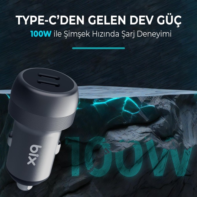 Bix 100W 2*Type-C PD 3.0 Portlu PPS Destekli Mini Araç içi Hızlı Şarj Cihazı Gri